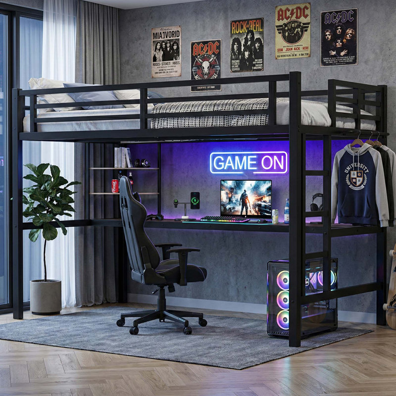 Twin XL Loft Bed with Desk and USB Charging Station, Noise-Free Metal Bed Frame for Small Spaces with LED