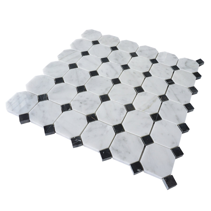 Polished 1" x 6" Marble Octagon and Dot Mosaic Wall & Floor Tile