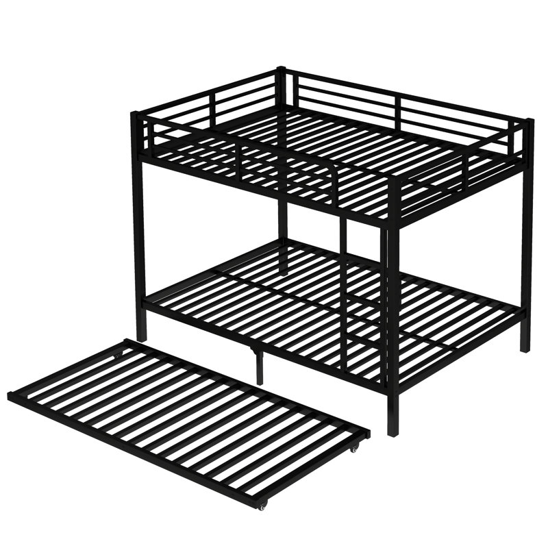 Full Over Metal Bunk Bed With Twin Trundle In Black - Metal, Noise Prevention Design, Under Storage Size Stable Structure, Coating, Guardrails