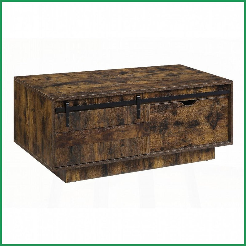 Table basse rustique en chêne avec porte de grange coulissante & amp; Tiroir, rangement pratique pour le salon