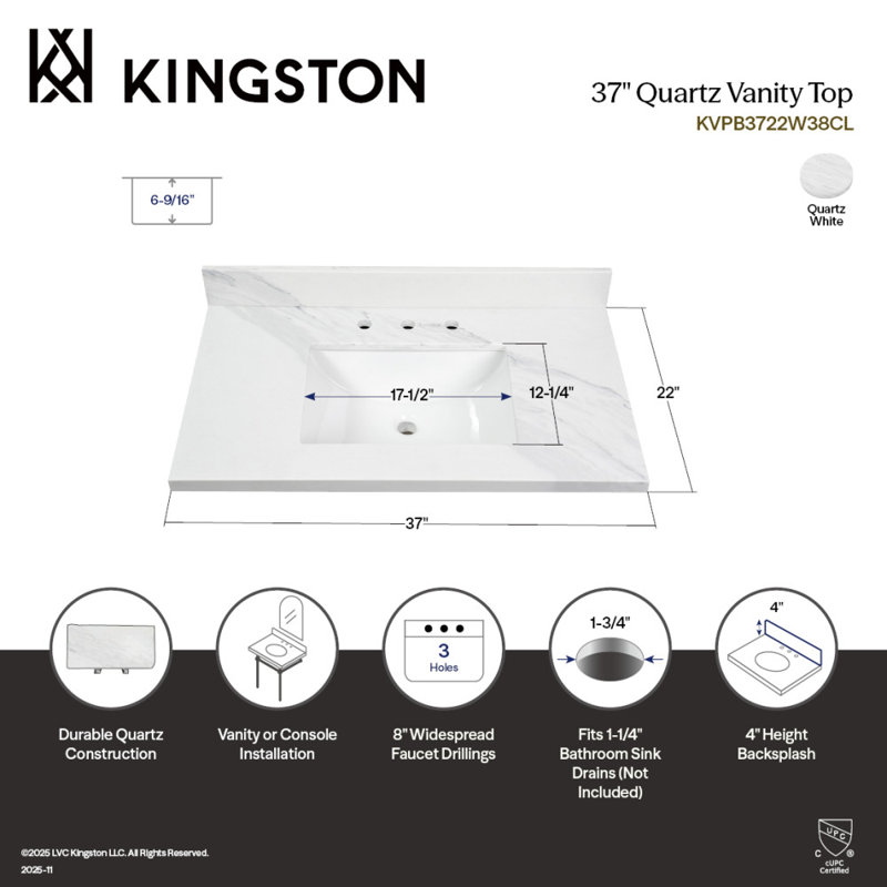 Kingston Brass Mayorca 37-Inch Quartz Vanity Top (8" Faucet Drillings)