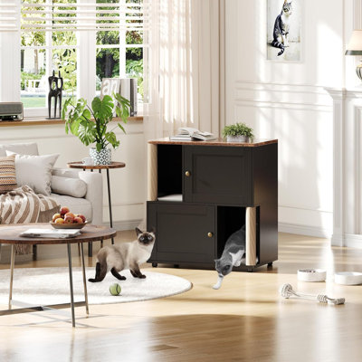 Cat Litter Box Furniture, Cat Litter Cabinet w/ Double Enclosed wastebox Enclosure, Wooden Cats Box Furniture w/Scratching Post & Dual Mats