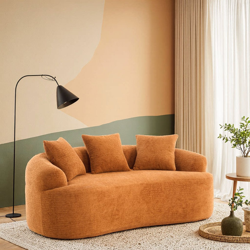 Causeuse courbée orange élégante - Canapé ultra-moelleux en chenille 30D pour coins confortables et petits espaces, L 65 po, aucun assemblage requis