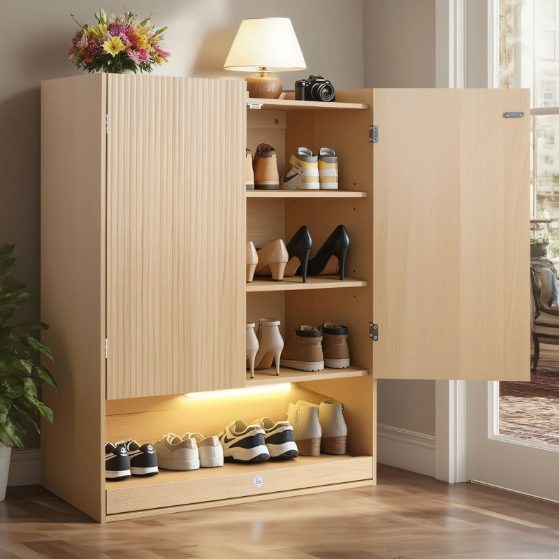 4-Tier 16 Pairs Shoe Cabinet with 2 Doors, Adjustable Shelves & Smart Sensor Light,Hands-Free Foot-Activated Drawer for Entryway,Hallway