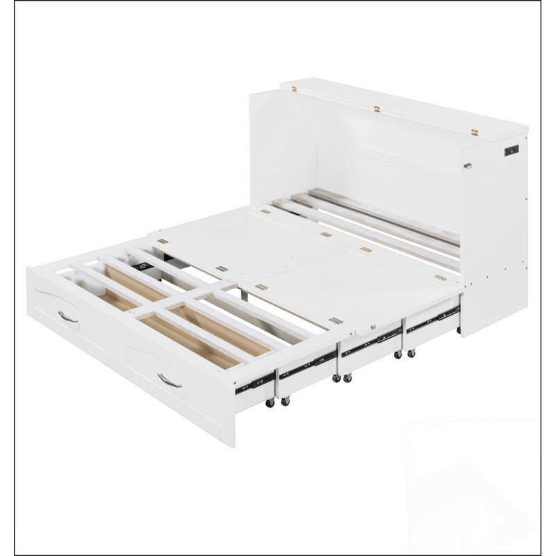 Grand lit escamotable mural avec tiroir et un ensemble de prises et de ports USB, structure à poulie