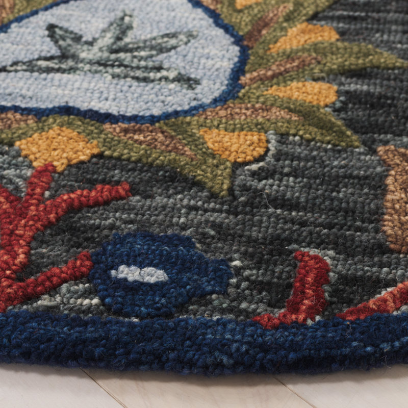 Shanise Wool Cotton Performance Floral Rug in Orange/Charcoal, Round 6'