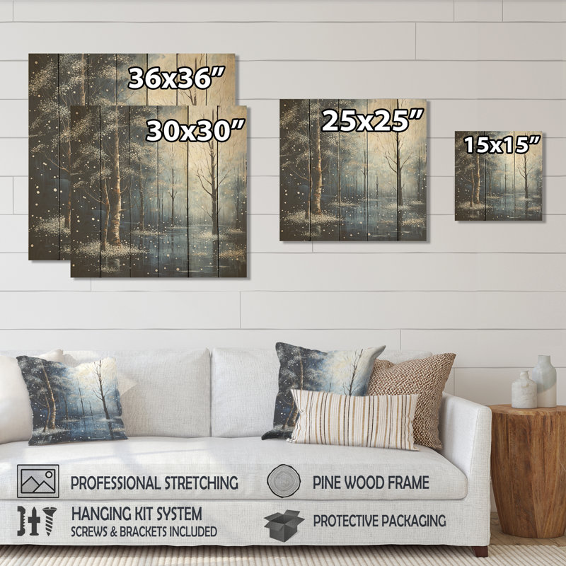 «Blue Forest Tranquility In Winter III» - impression de fruits sur bois, H 25 po x l 25 po