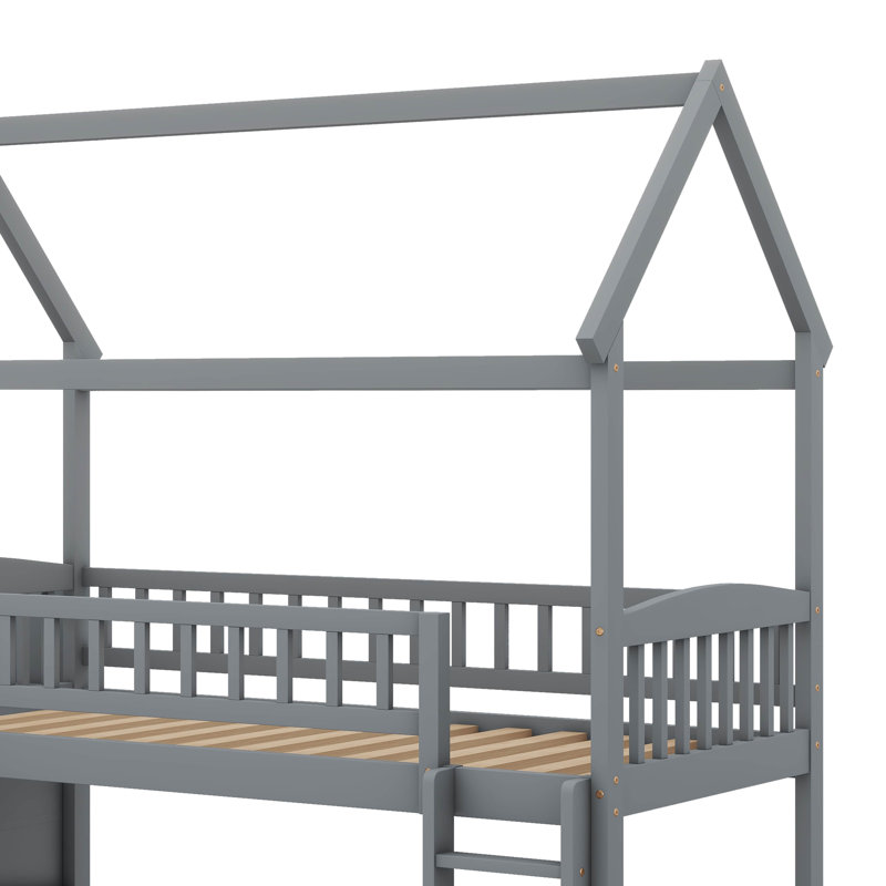 Mignon lit superposé simple au-dessus d'une maison double avec une glissade amusante et des escaliers pratiques, Gris
