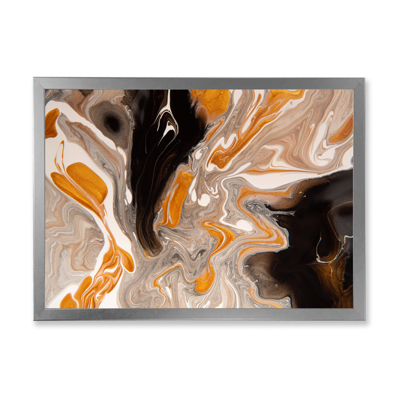 Orange et vagues de marbre noir III - peinture sur toile, H 16 po x l 32 po x P 1 po, Cadre de coin fermé argenté