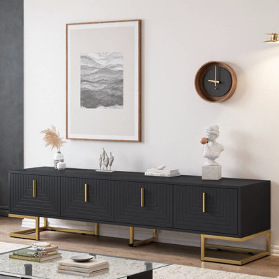 Meuble télé 70,8 po avec poignées dorées et pieds en métal pour téléviseur de 80 po ou moins | Console multimédia de luxe avec portes à lignes géométriques et tablettes réglables | Meuble audio-vidéo pour le salon ou le cinéma maison