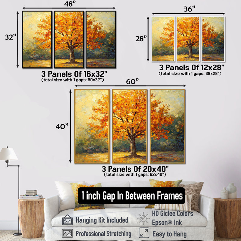 «Orange Autumn Whisper Tree American Basswood I», ensemble de reproduction d'art mural, Toile avec cadre flottant noir