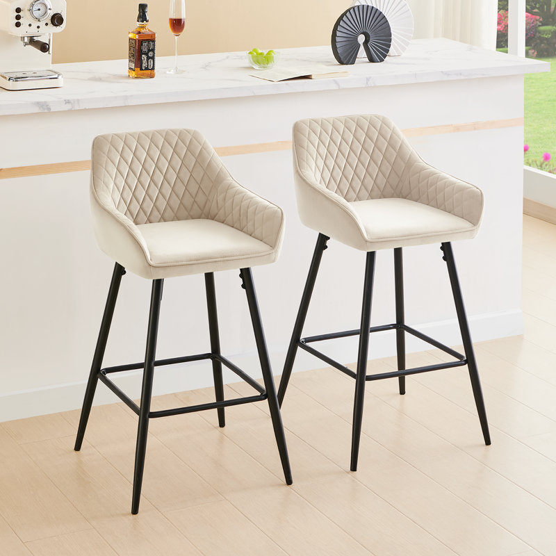 Saarrah 68cm Upholstered Bar Stool with Arms, Beige Velvet, 2