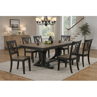 Ensemble de salle à manger à double caisson rectangulaire en bois massif extensible 7 pièces avec rallonge