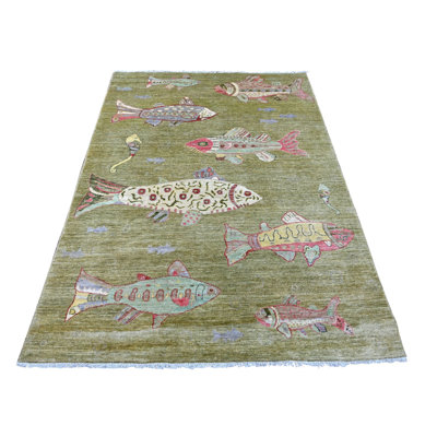 Tapis oriental pur en laine 5 pi x 6 pi 10 po Peshawar afghan avec des poissons océaniques colorés, colorants naturels, noué à la main, pure laine