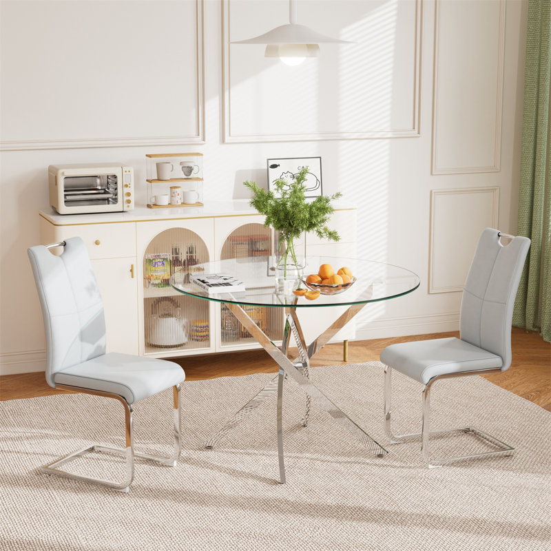 Table de salle à manger ronde en verre pour 4-6, base en métal robuste avec protecteurs de plancher antidérapants réglables - Table de cuisine moderne pour salle à manger, appartement, maison, condo