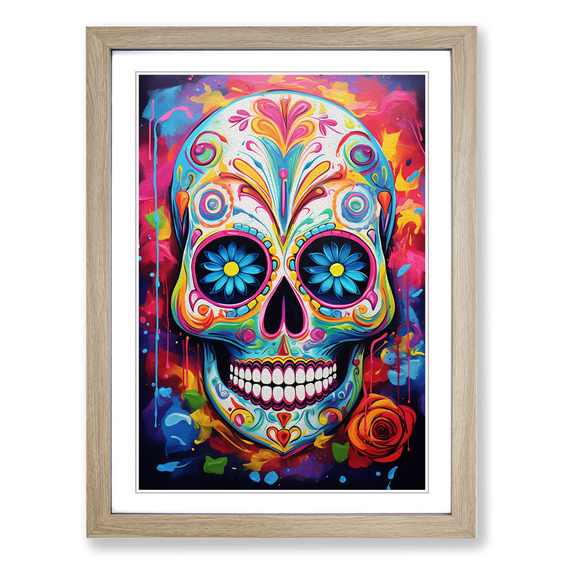 Sugar Skull Abstract - Single Picture Frame Print on Wood, Oak, 34cm H x 25cm W x 2cm D