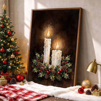 Bougies de Noël et houx, tableau encadré sur toile, cadre marron, 61 x 41 cm
