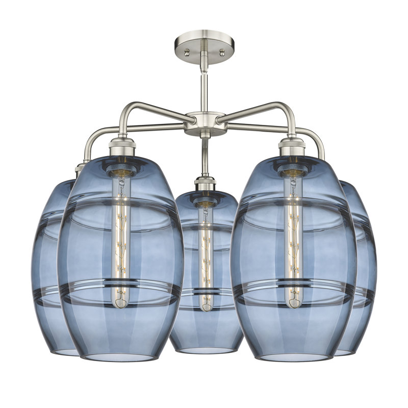 Lustre rond / ovale à abat-jour 5 lumières, Nickel satiné, H 15,38 po x l 26 po x P 26 po, Bleu princesse