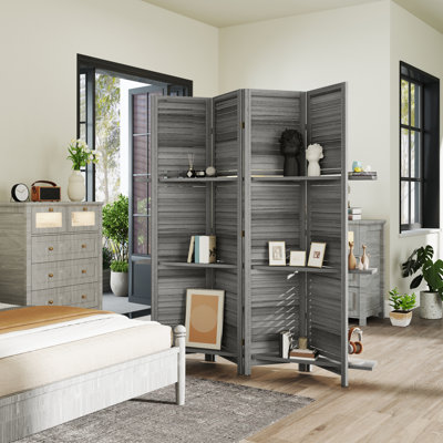 Paravent de chambre en bois gris, 4 panneaux de 170 cm de hauteur, avec 3 étagères et rangement pliable, occultant et 3 étagères.