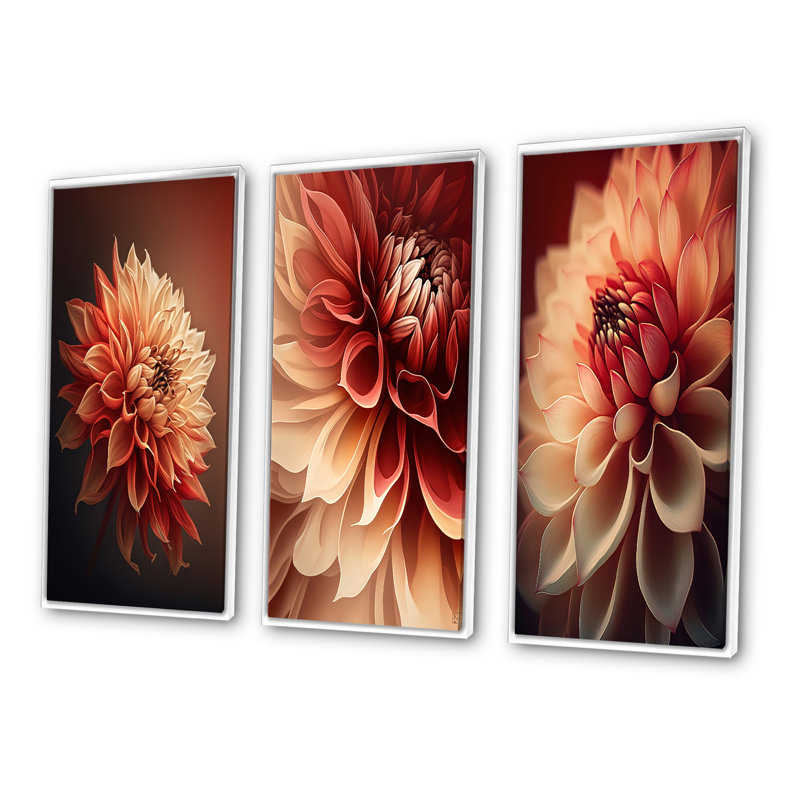 «Orange Dahlia Flower», 3 pièces sur toile, H 32 po x l 48 po, Blanc