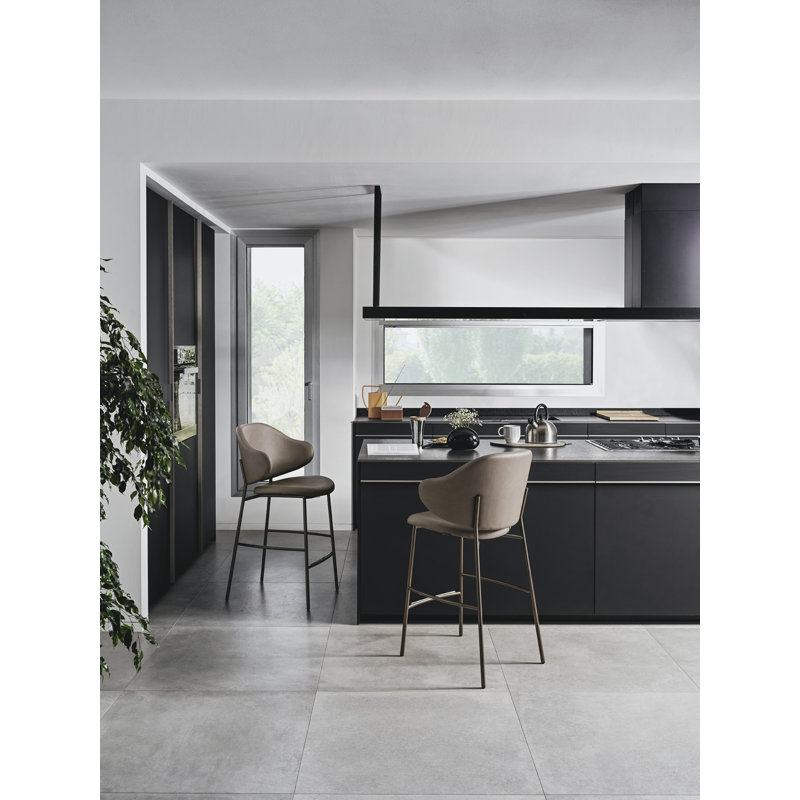 Holly Upholstered Stool with Rounded Back and Metal Frame, Matt Black, Sand