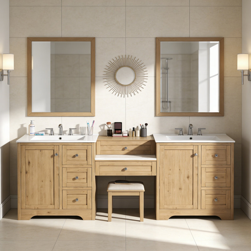 84" Double-Sink Freestanding Bathroom Vanity Set, Center Console and Soft Closing Design, Wood