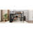 Queen size metal loft bed frame with built-in wardrobe, desk, and storage shelves, space-saving design, black