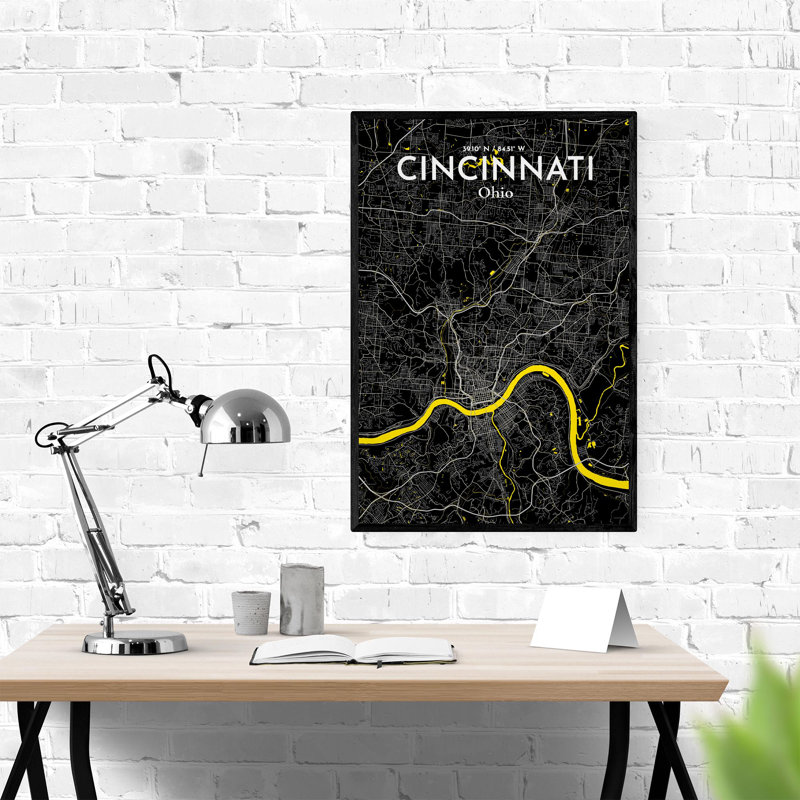 Cincinnati, États-Unis d'Amérique, carte de la ville - ensemble d'imprimés non encadrés, H 36 po x l 24 po, Noir/jaune