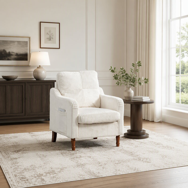 Fauteuil d'appoint moderne du milieu du siècle en velours côtelé avec pieds en bois massif, Velours côtelé blanc antique