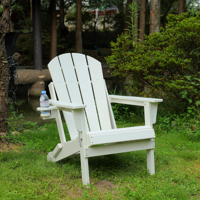 Outdoor Adirondack Chair, Foldable With Dual Cup Holder, Composite Material With Wood Texture, White