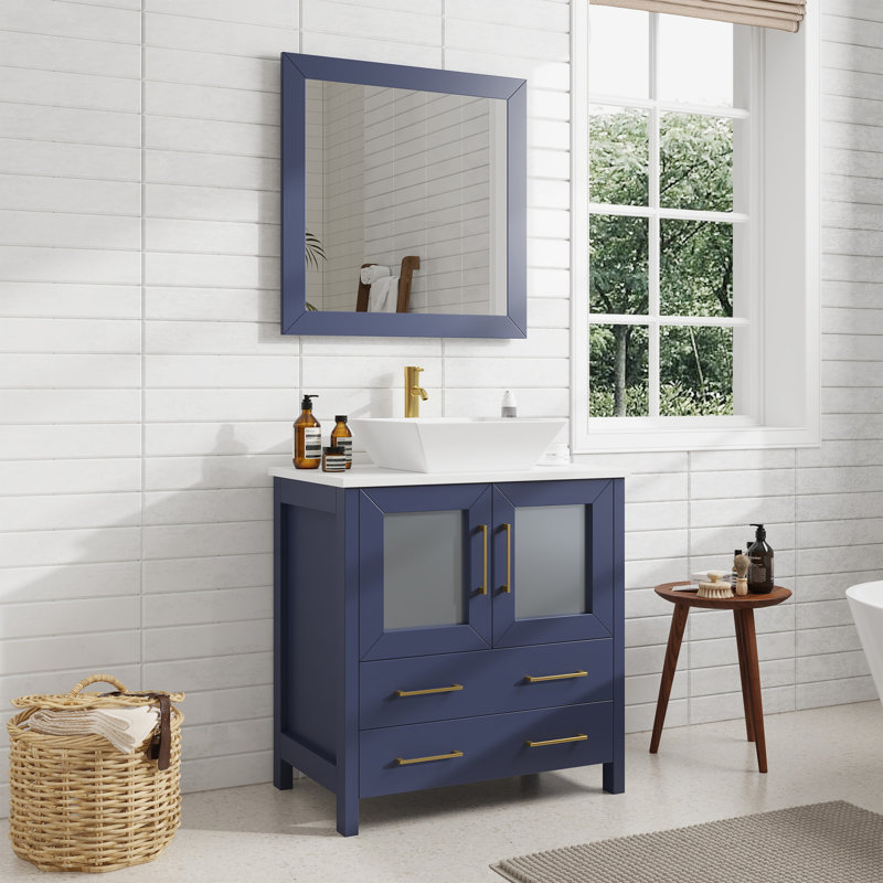 Ravenna 30" Freestanding Single Sink Bathroom Vanity with Engineered Marble Top and Matching Mirror, Blue, 30" W
