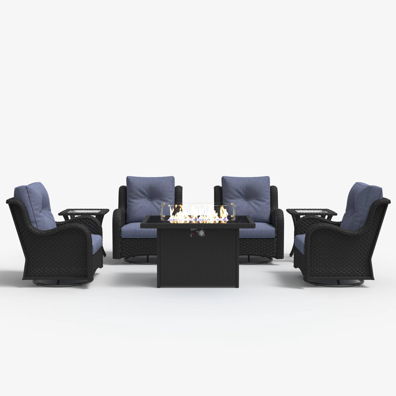 LayinSun 7 Pieces Swivel Rocker Patio Chairs Set With Side Table, Navy, Black