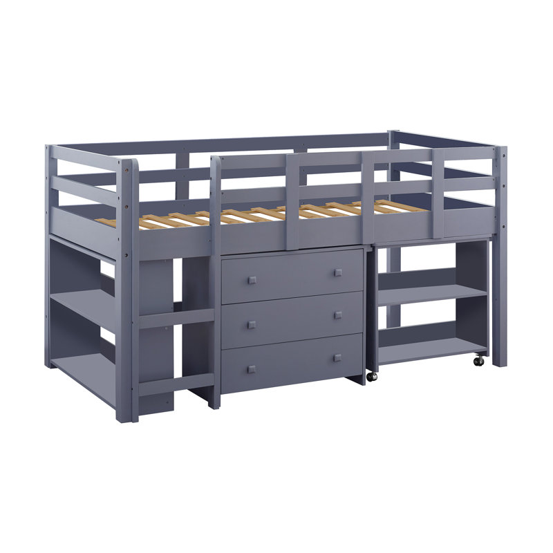 Eirwen Twin Loft Bed, Desk Low Study Kids with Storage Pine Wood with Cabinet Ladder, Bookcase Shelf, Gray
