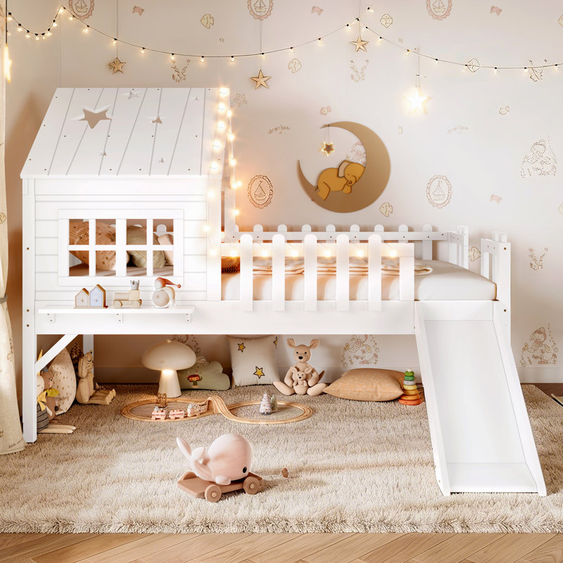 Twin Size House Loft Bed with Slide & Playhouse Design, Star-Moon LED Roof, Window & Safety Rails, No Box Spring Needed,White