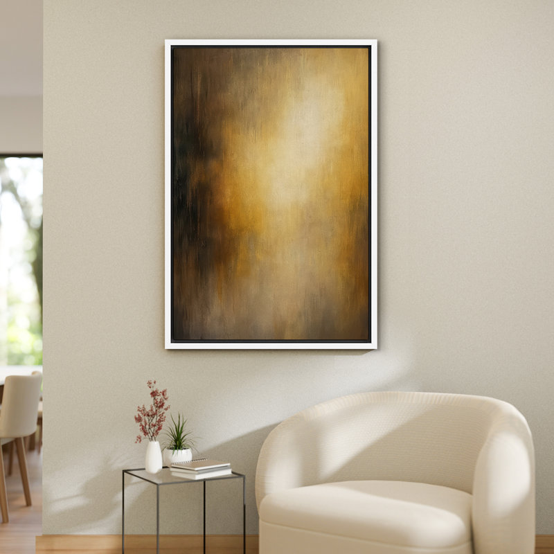 Art mural encadré, reproduction d'art abstrait brun et doré pour le salon, H 24 po x l 16 po, Blanc, Cadre flottant