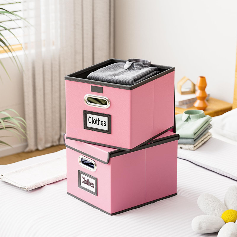 Pink Leather Collapsible File Organizer Box with Lid