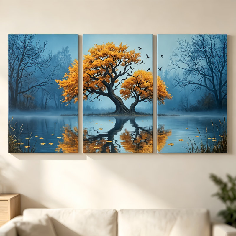 Ensemble de 3 toiles imprimées représentant un paysage rustique d'arbre doré et de lac bleu brumeux - Décoration murale pour salon