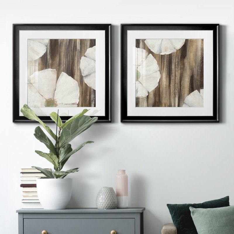 «Night Blooms I», ensemble de 2 reproductions d'art sur toiles, Cadre noir, Blanc, H 17,5 po x l 35 po x P 1,5 po