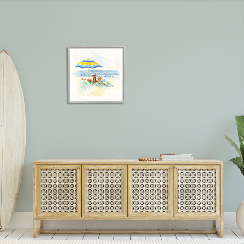 Mignon chien ludique relaxant au bord de la plage par Sally Swatland - Peinture, H 24 po x l 24 po x P 1,5 po