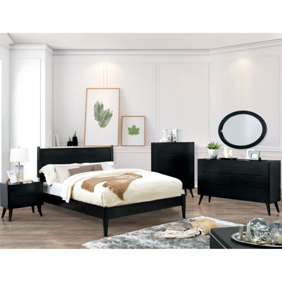 Black Finish Modern Mid-Century Chest 4-Drawers Recessed Handle Tapered Round Legs