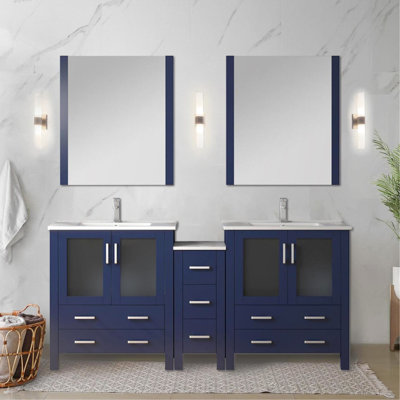 72 po Meuble-lavabo double bleu marine avec plateau en céramique blanche, robinet, tiroirs à fermeture douce et armoire latérale de rangement à grande échelle, robinet inclus, fermeture, surface à gratter