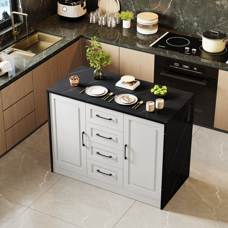 47.2" Kitchen Island With 4 Drawers, Faux Marble Kitchen Island With Storage Large Cabinet For Kitchen, Dining Room, Black