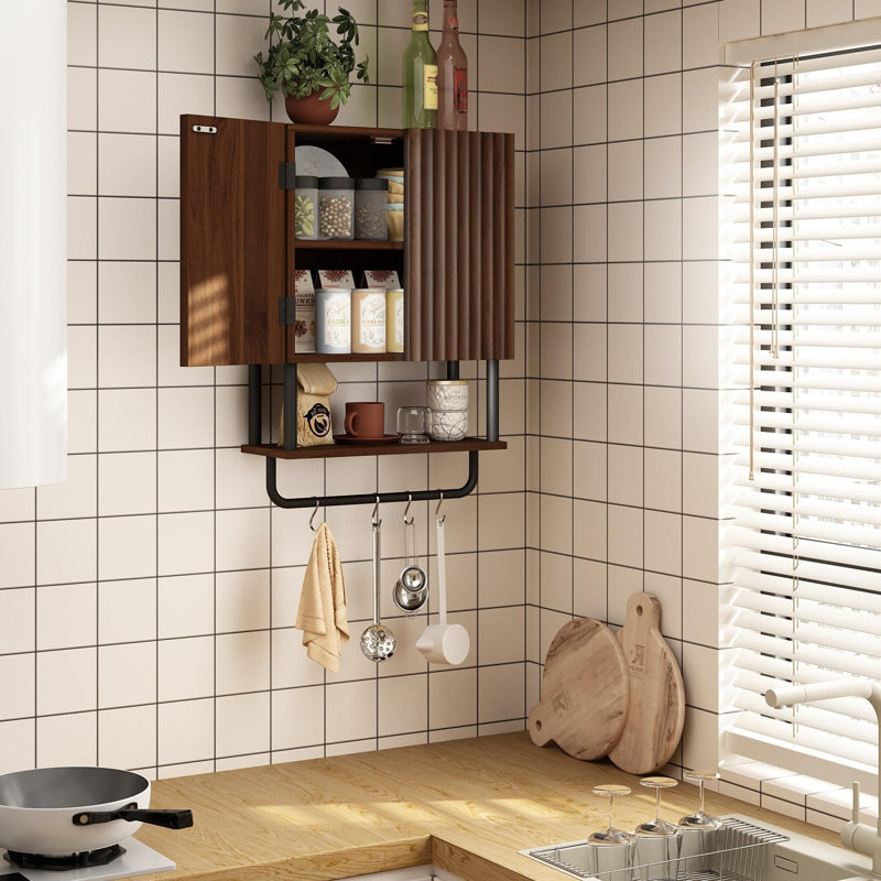 Farmhouse Bathroom Wall Cabinet With 2 Door, 3-Tier Curved Profile Wooden Medicine Cabinet, Wall Mounted Storage Cabinet With Adjustable Shelf And Towel Bar (Dark Walnut)