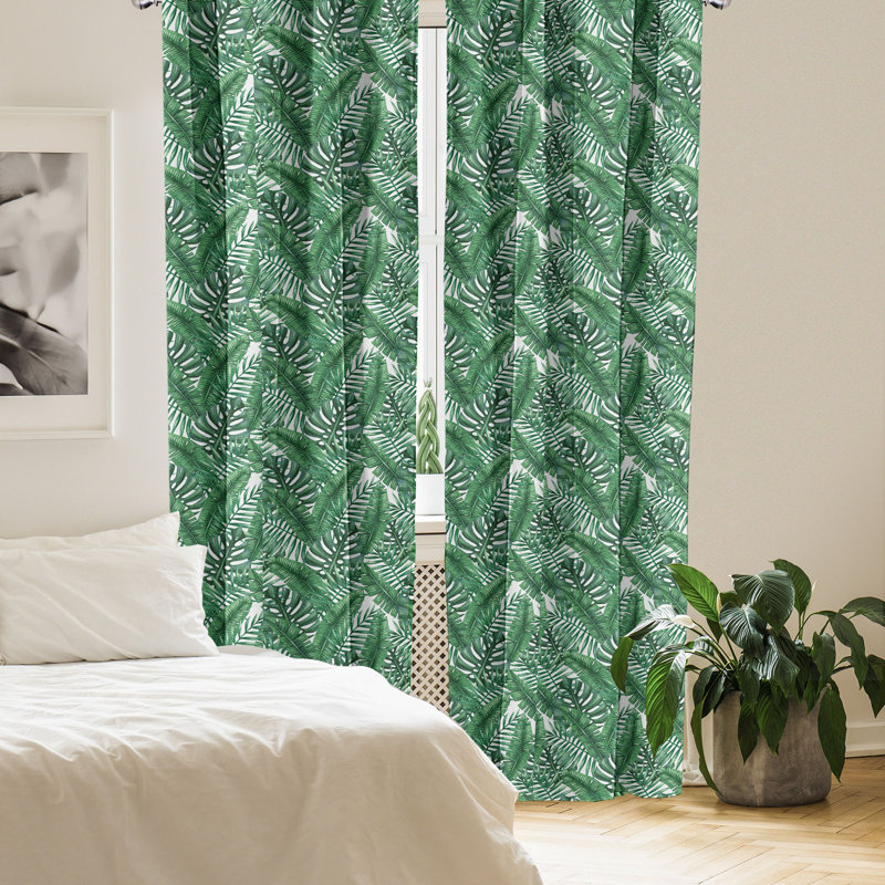 Rideaux 4 panneaux Bungalow Rose Leaf Palm, jungle aquarelle, vert forêt et blanc, L 56 po x L 63 po