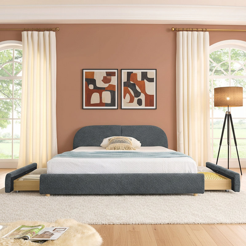Structure de lit rembourrée avec tête de lit, rangement pour tiroir robuste sur roulettes, matelas non inclus, Très grand lit