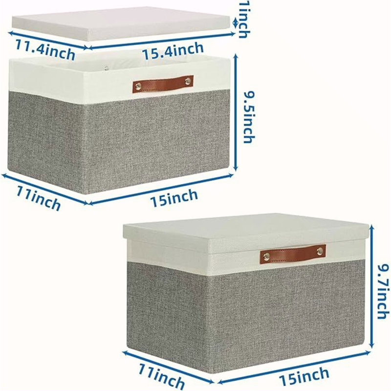 Bacs de rangement Boîtes de rangement avec couvercle, 2 paniers de rangement avec couvercle pour organiser les vêtements, bacs de rangement décoratifs avec poignées (blanc et gris, 15 po x 11 po x 9,5 po)