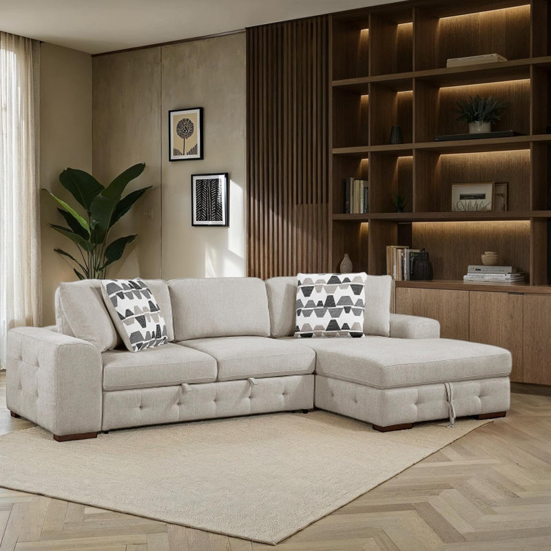 Odesser 115" W 2-Piece Chenille Sleeper Sectional, Right Hand Facing, Taupe Chenille