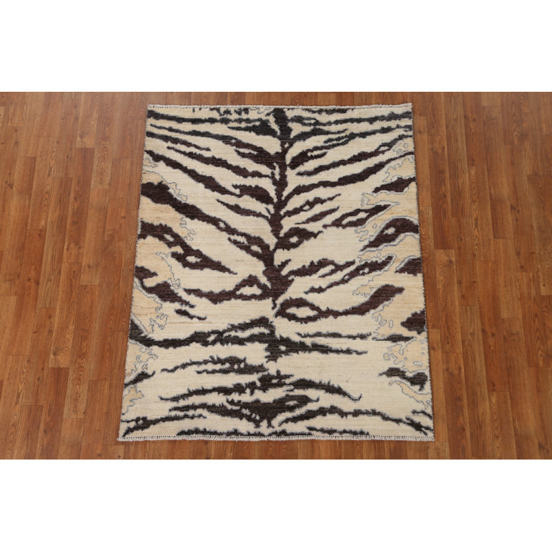 Tapis ivoire en laine noué à la main de conception unique 3 pi 11 po x 4 pi 10 po New Age