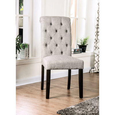 Chaises d'appoint rustiques, 2 chaises, gris antique, tissu semblable au lin, bois massif, dossier à boutons, dossier à volutes ravissantes, ornementation