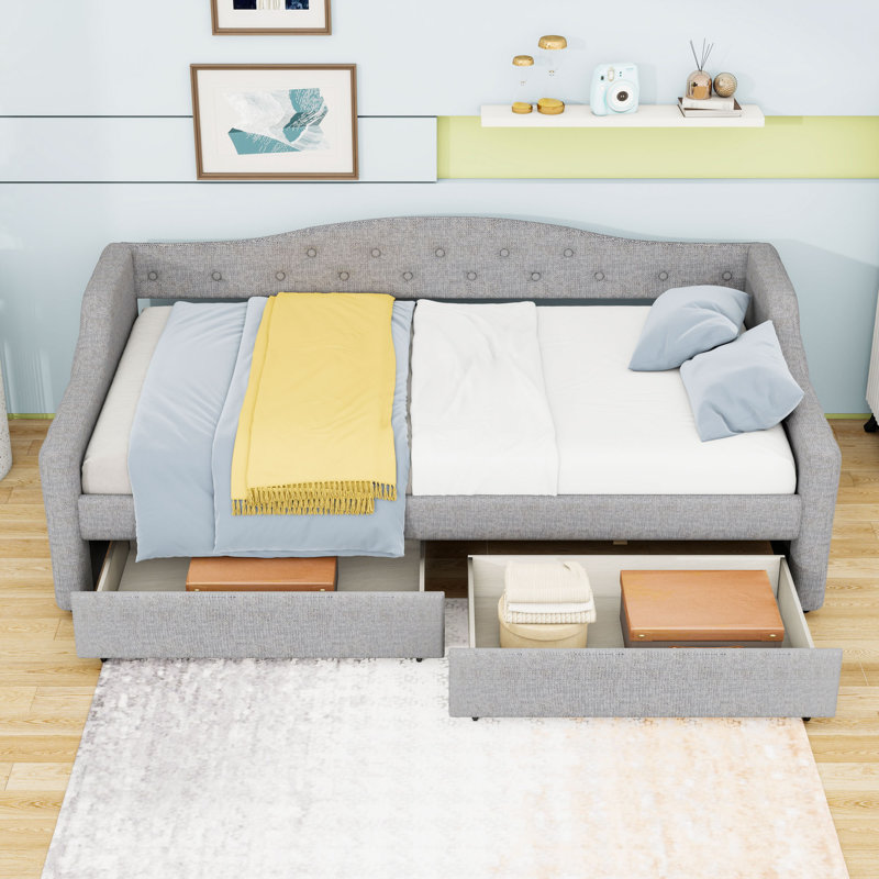 Twin XL Upholstered Daybed with LED Lighting and 2 Drawers, Gray